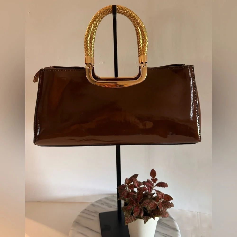 NWOT Elegant Evening Satchel Crossbody Bag Glossy Brown Zipper PU Leather Dusty